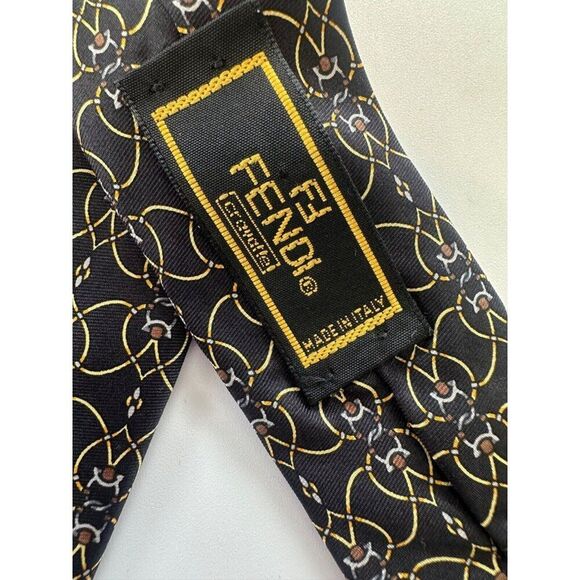 Fendi Men's Designer Silk Tie Black Geometric Made in Italy Career - Picture 7 of 7